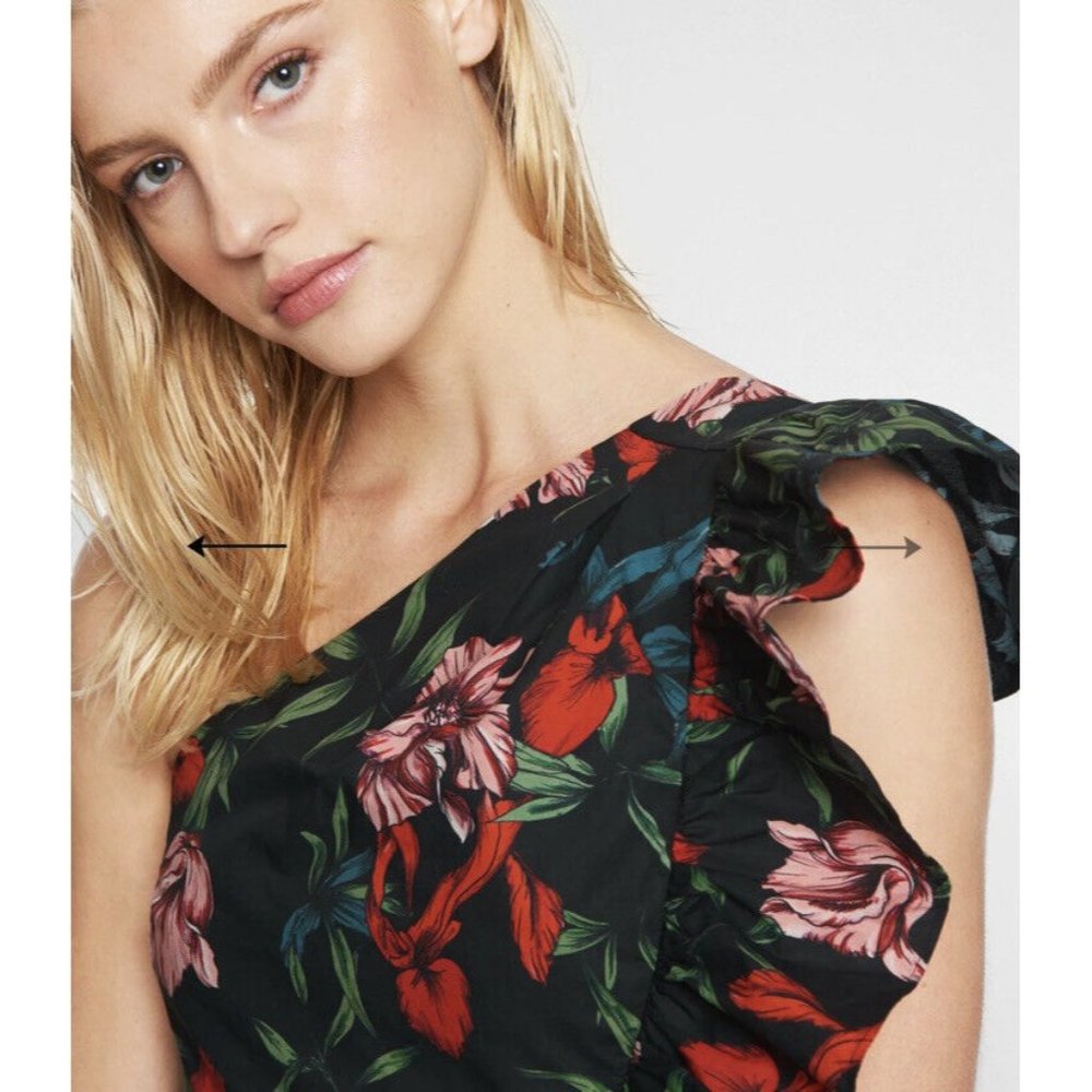Pam & Gela Bali High Side Ruffle Mini Dress Black Floral - Picture 3 of 9